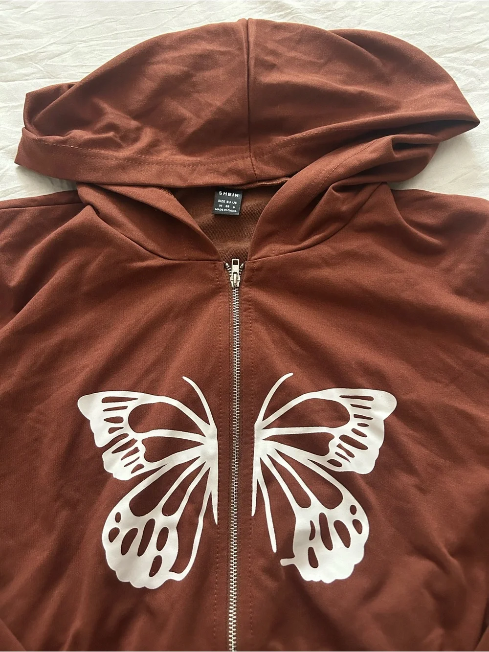 SHEIN Brown Cropped Zip-Up Hoodie with White Butterfly